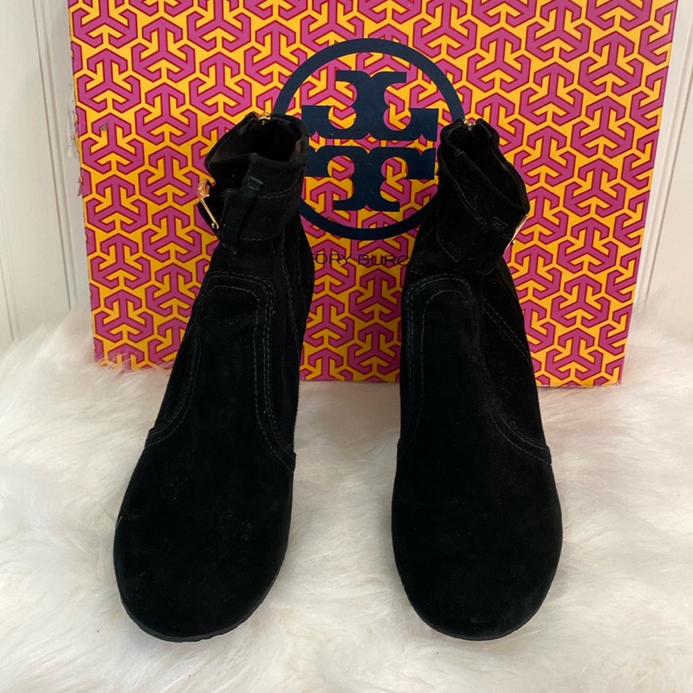 Authentic Tory Burch black soft suede wedge heel boots